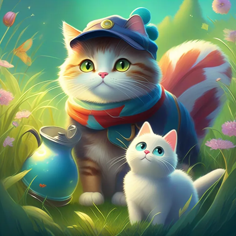 A clever and kind-hearted cat with a handkerchief and a cozy cap. reaches the Magic Meadow and receives milk from the A tiny but powerful creature with shimmering wings..