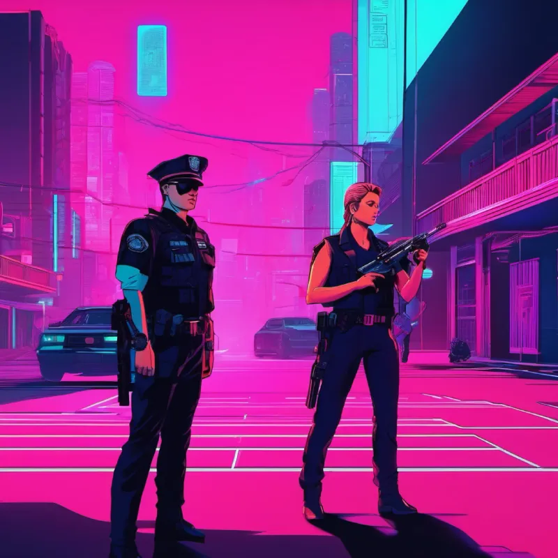 The police confront the baffled robbers as invisible Alexis watches.