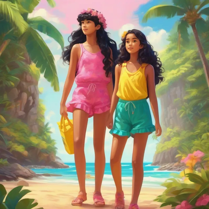 Aliya has long black hair and wears a pink swimsuit and Kayla has curly brown hair and wears a yellow swimsuit pack colorful bags for their Hawaiian vacation