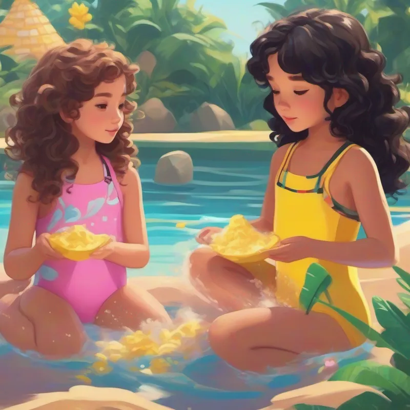 Aliya has long black hair and wears a pink swimsuit and Kayla has curly brown hair and wears a yellow swimsuit play in the swimming pool and build sandcastles