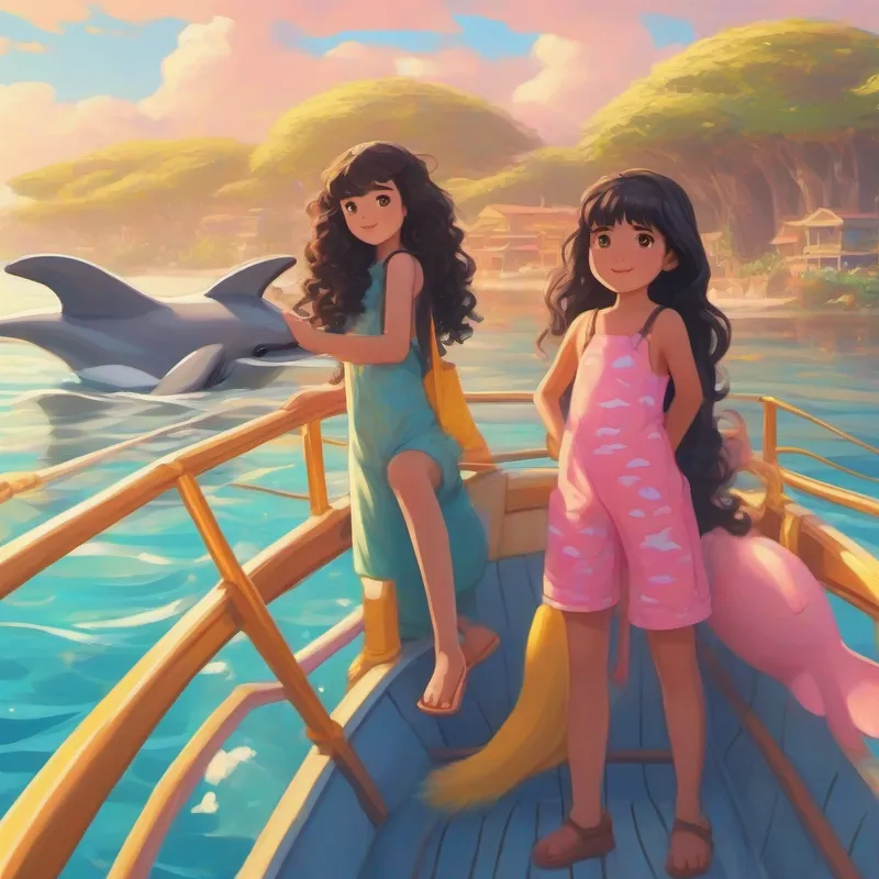 Aliya has long black hair and wears a pink swimsuit and Kayla has curly brown hair and wears a yellow swimsuit go on a boat ride and see dolphins