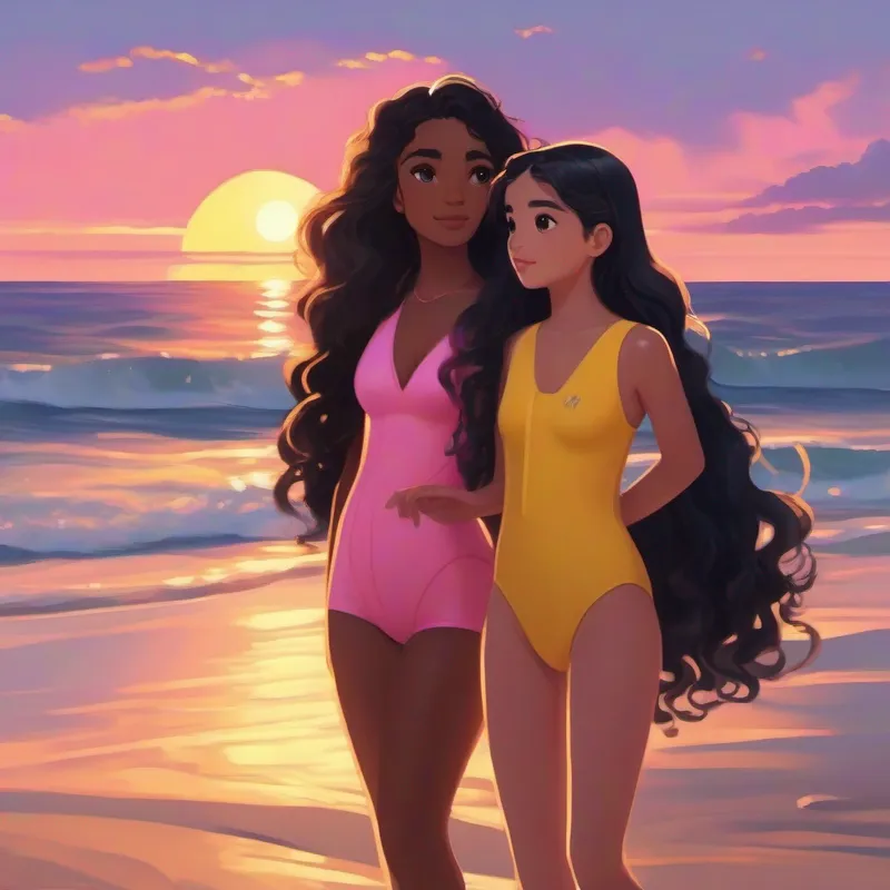 Aliya has long black hair and wears a pink swimsuit and Kayla has curly brown hair and wears a yellow swimsuit watch a beautiful sunset on the beach