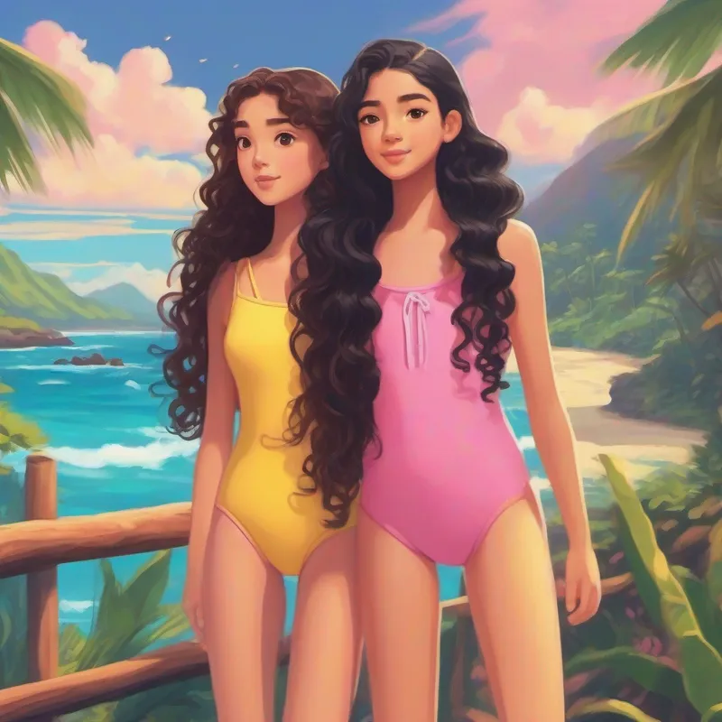 Aliya has long black hair and wears a pink swimsuit and Kayla has curly brown hair and wears a yellow swimsuit say goodbye to Hawaii