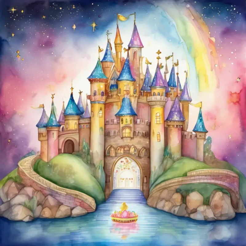 The Lullaby Castle is a magical castle made of candy. It is surrounded by a moat with rainbow-colored water. Queen Melody has golden hair and wears a crown made of stars is the kind queen who lives inside the castle. She has golden hair and a crown made of stars.