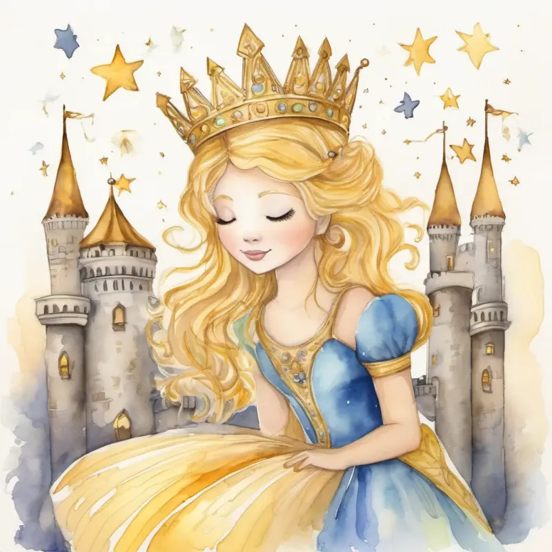 Queen Melody has golden hair and wears a crown made of stars sings a soothing lullaby every night that makes everyone fall asleep peacefully. The castle is filled with music and happiness.