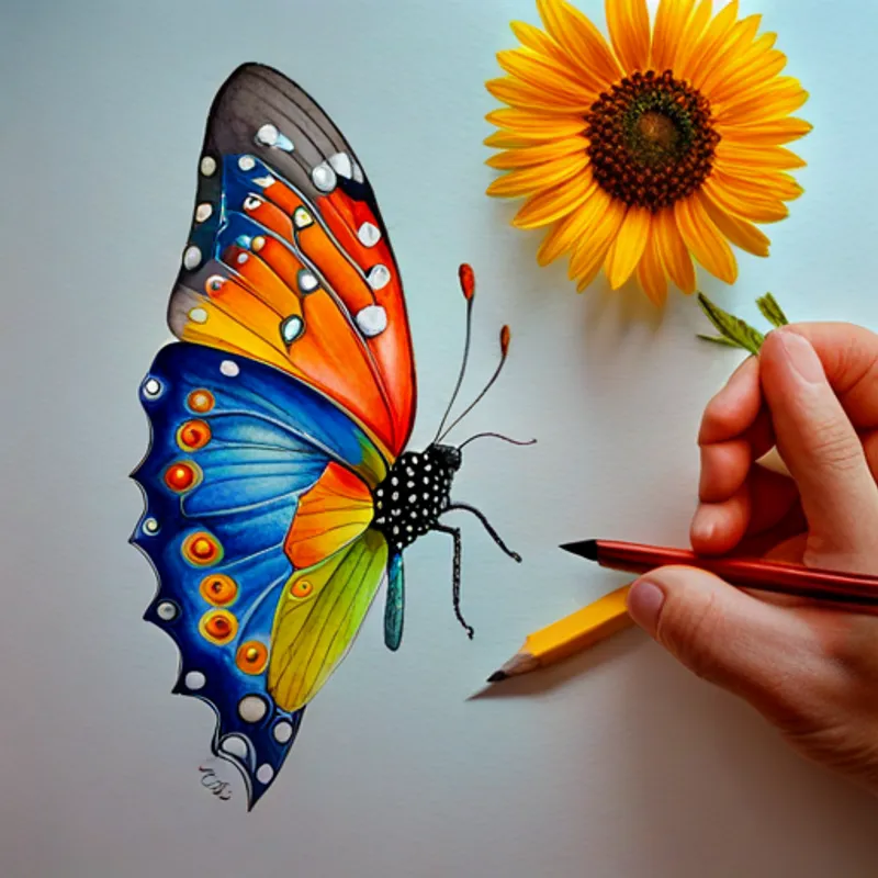 Borboleta alegre e colorida com asas brilhantes, a borboleta, sonhando com girassóis