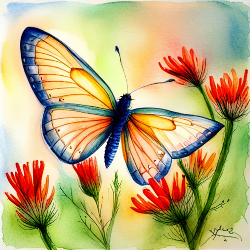 Borboleta alegre e colorida com asas brilhantes na primavera, árvores coloridas e florescendo