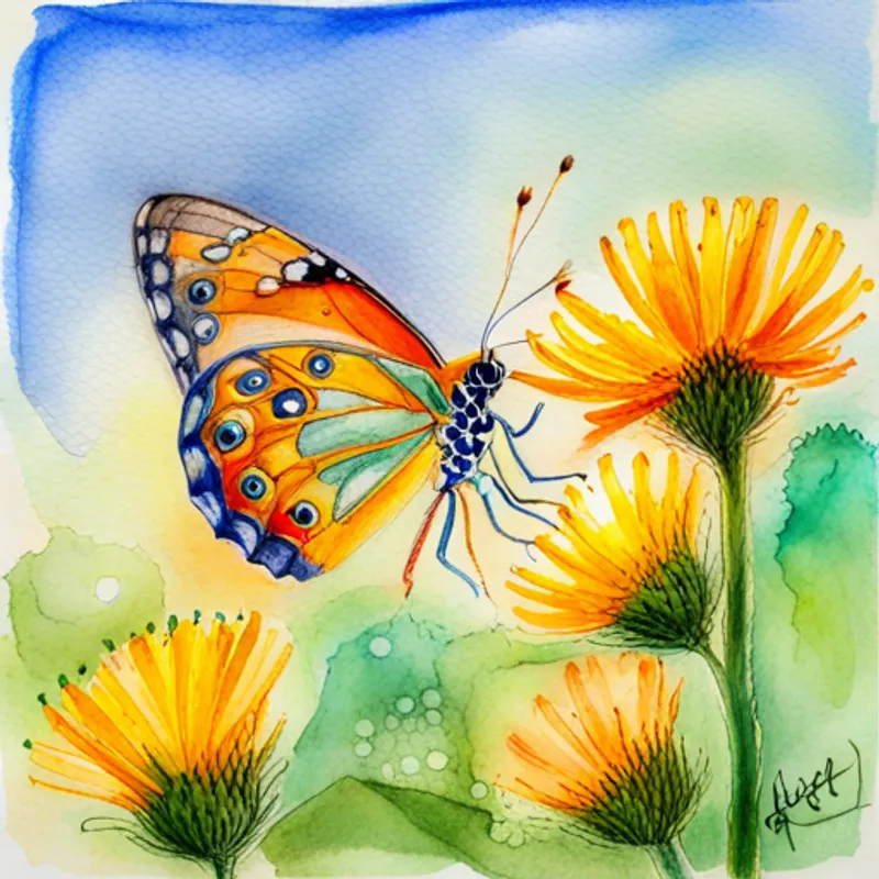 Borboleta alegre e colorida com asas brilhantes no verão, campo ensolarado e trigo dourado