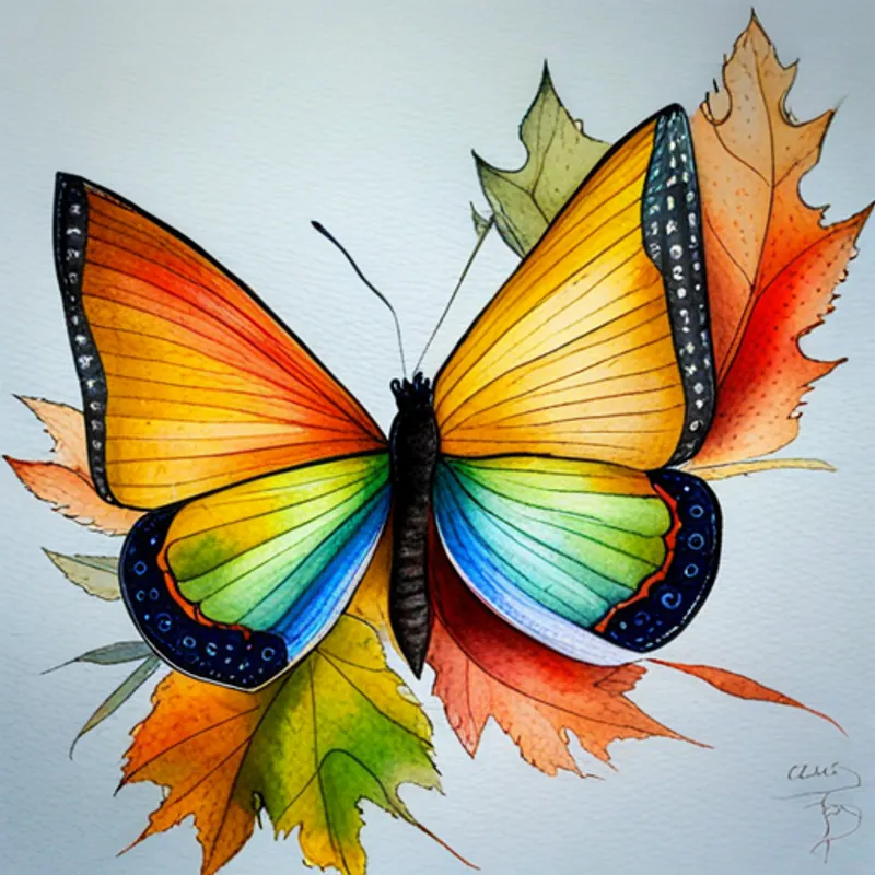 Borboleta alegre e colorida com asas brilhantes no outono, folhas coloridas na floresta