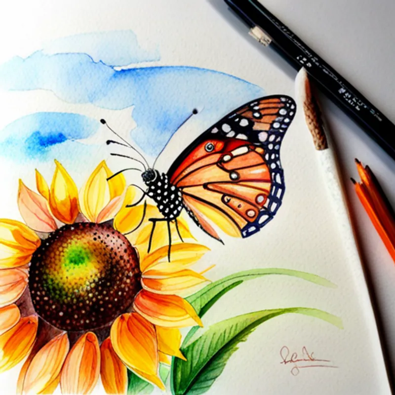 Borboleta alegre e colorida com asas brilhantes encontrando o campo de girassóis, felicidade!