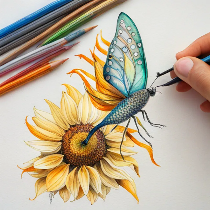 Borboleta alegre e colorida com asas brilhantes e as outras borboletas nos girassóis