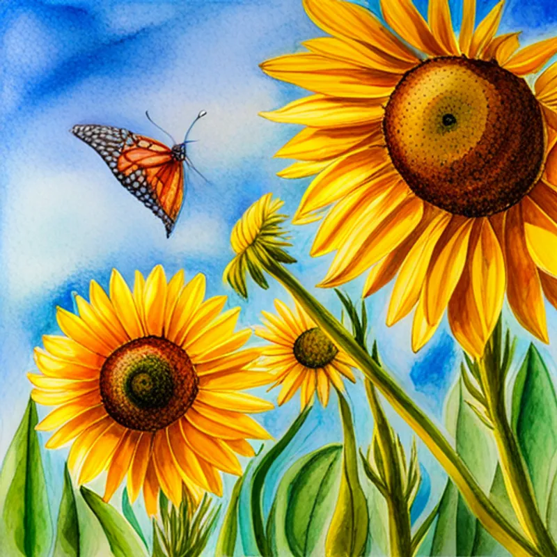 Borboleta alegre e colorida com asas brilhantes feliz e determinada após encontrar o campo de girassóis