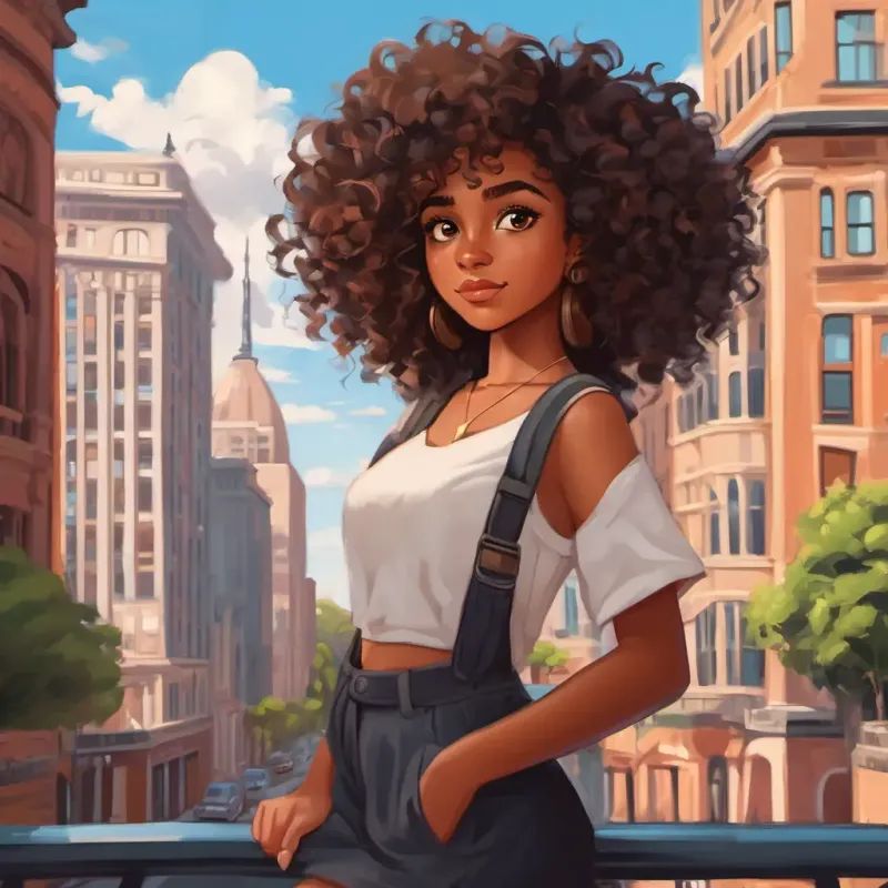 Curly hair, big brown eyes, Black girl living in a big city with curly hair and big brown eyes, living in a big city