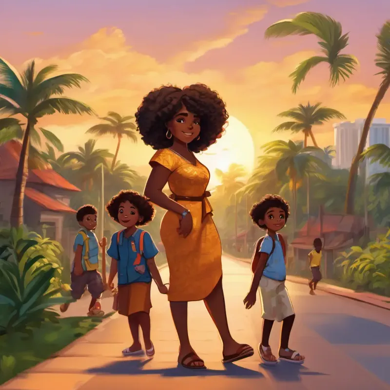 Curly hair, big brown eyes, Black girl living in a big city and her family arriving in Ghana, feeling the warm breeze, seeing palm trees and hearing drums