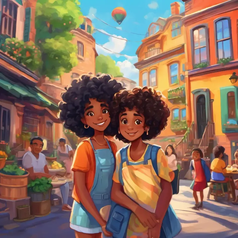 Curly hair, big brown eyes, Black girl living in a big city meeting her extended family, seeing colorful houses, vibrant markets, and friendly people