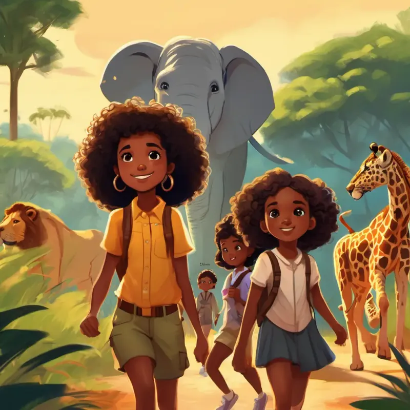 Curly hair, big brown eyes, Black girl living in a big city and her cousins going on a safari, seeing elephants, giraffes, and a lion