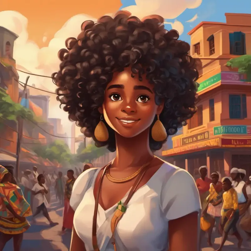 Curly hair, big brown eyes, Black girl living in a big city learning about Ghana's history and culture, trying local foods, learning traditional dances and songs