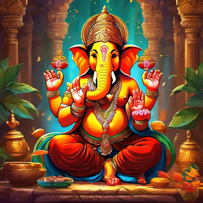 Inspired by his grandmother's stories, Aryan sat down at his desk and turned on his art tablet. With a twinkle in his eye, he began to draw Lord Ganesha, capturing every detail of his majestic form. He brought him to life on his digital canvas, his elephant head adorned with a sparkling crown and his hands holding precious objects like a lotus, a mala, and a modak, Lord Ganesha's favorite sweet treat. As Aryan continued to draw, he decided to depict the joyous atmosphere of Ganesh Chaturthi. He included families happily dancing together, traditional musicians playing the drums and flutes, and children carrying beautiful clay idols of Lord Ganesha through the streets. He used vibrant colors like red, yellow, and green to breathe life into his artwork, making it burst with the spirit of celebration.