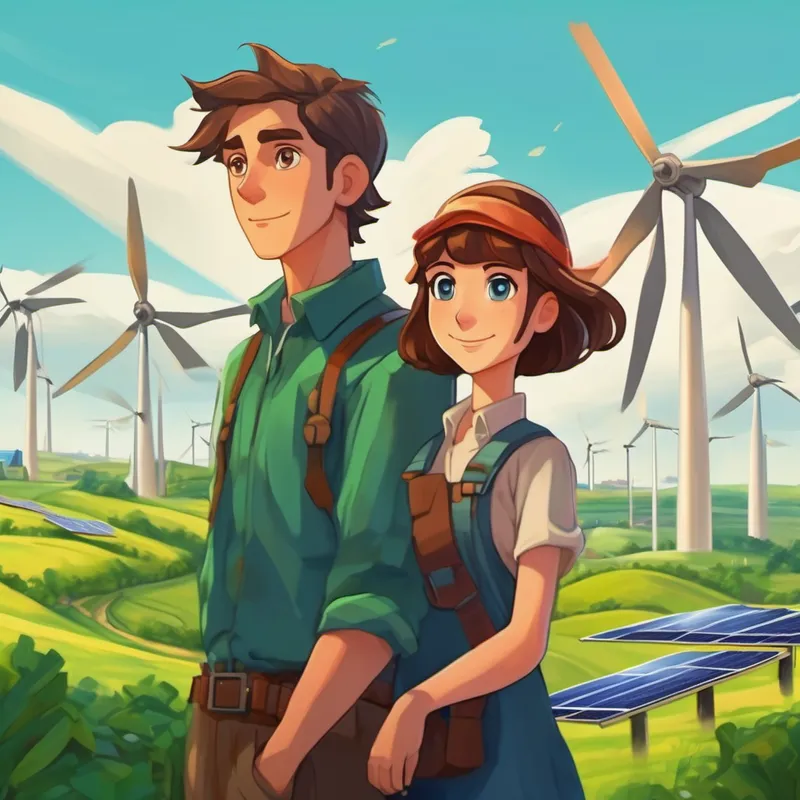 Emily has brown hair and blue eyes and Eco-Eddie has green hair and brown eyes in Eco-City, with solar panels and wind turbines all around
