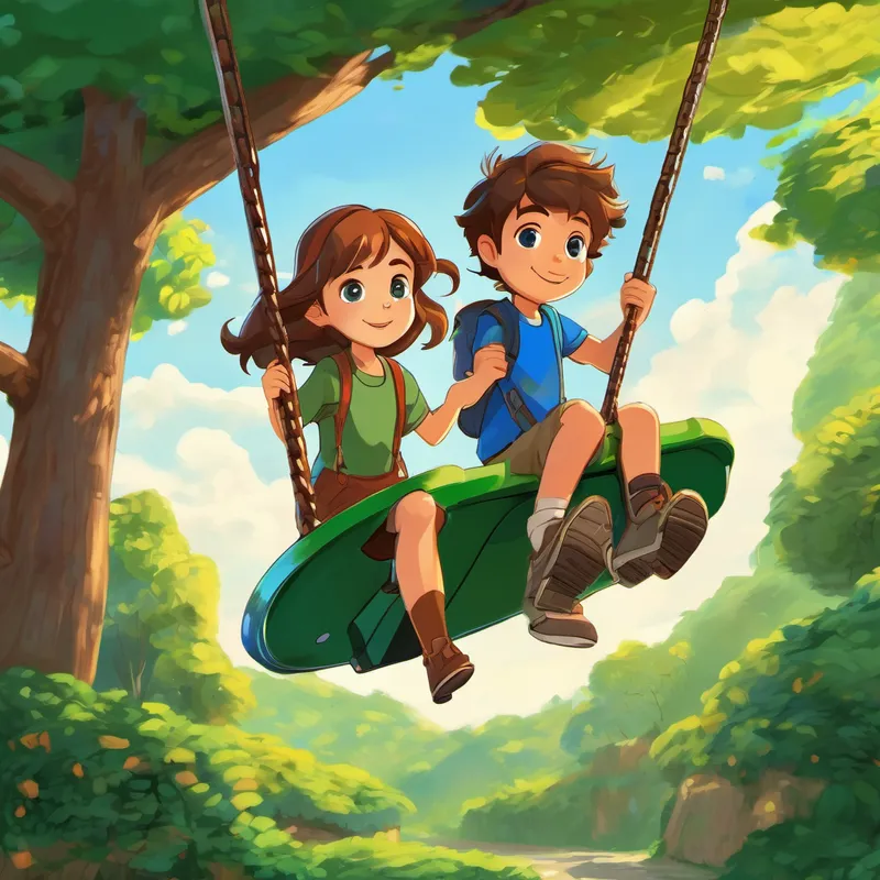 Emily has brown hair and blue eyes and Eco-Eddie has green hair and brown eyes playing on the swings and slide, with solar panels on top