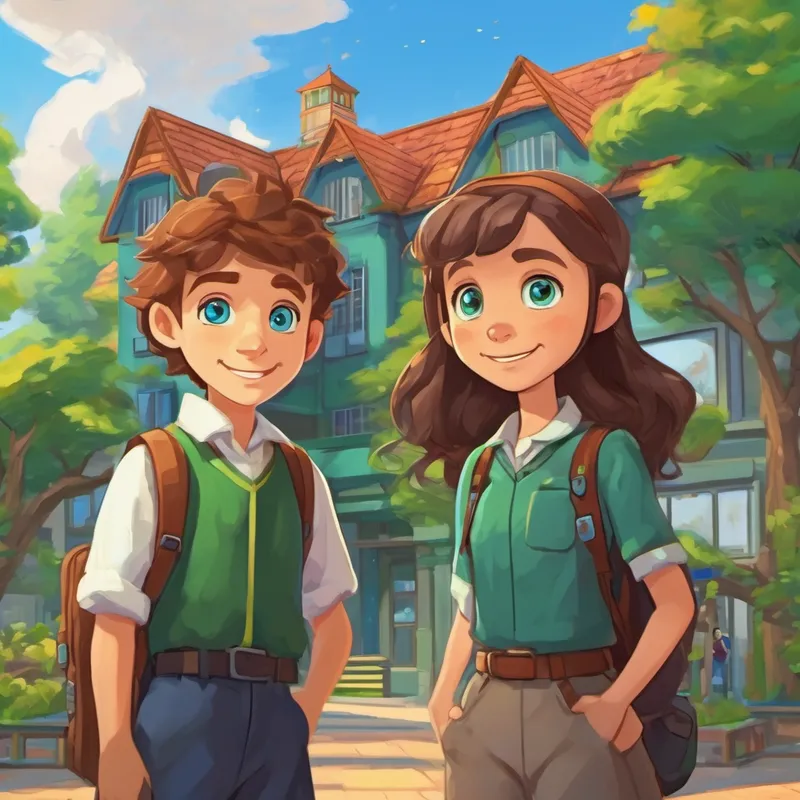Emily has brown hair and blue eyes and Eco-Eddie has green hair and brown eyes at school with solar panels on the roof and bright classrooms