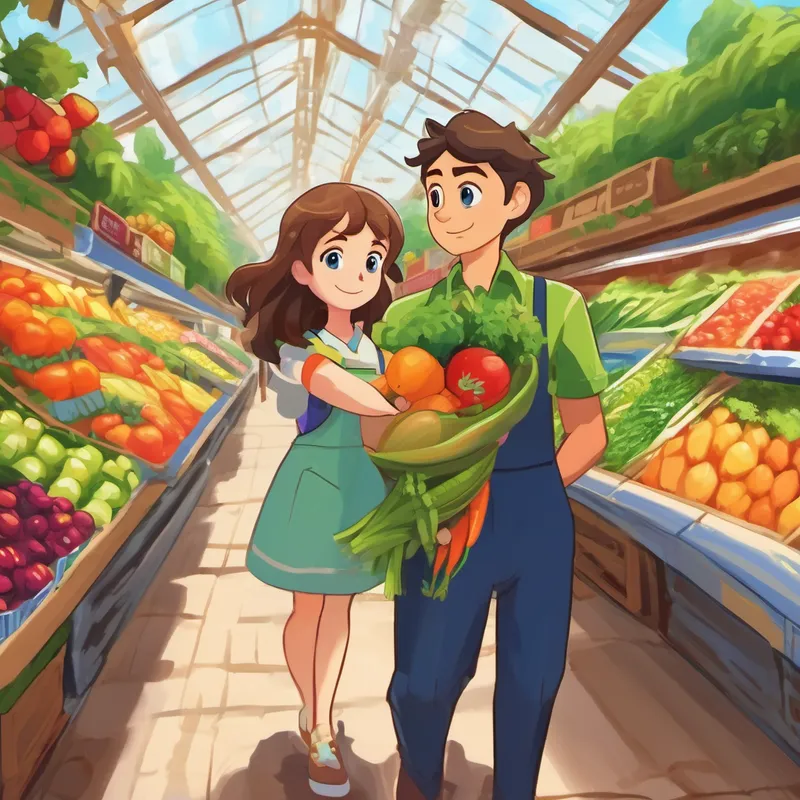 Emily has brown hair and blue eyes and Eco-Eddie has green hair and brown eyes at the grocery store with wind turbines outside and fresh fruits and vegetables