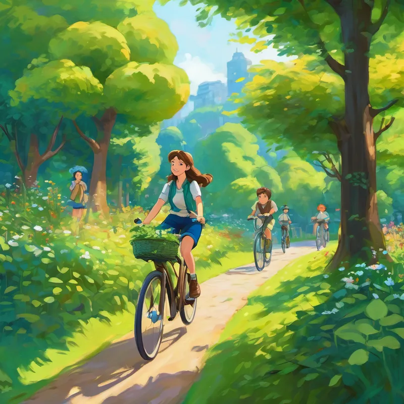 Emily has brown hair and blue eyes and Eco-Eddie has green hair and brown eyes riding bikes in the park, with people enjoying nature and greenery