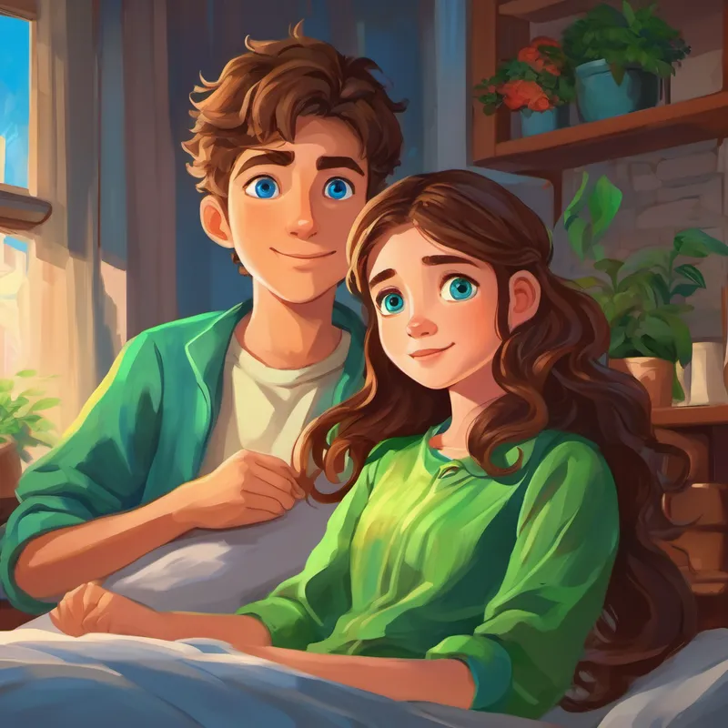 Emily has brown hair and blue eyes and Eco-Eddie has green hair and brown eyes going to bed with dreams of a bright and green future