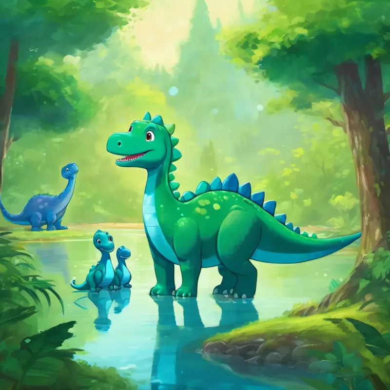 A green dinosaur with a kind heart and a friendly smile, a green dinosaur, and A blue dinosaur with a gentle look and a warm heart, a blue dinosaur, talking near a sparkling lake in a green forest
