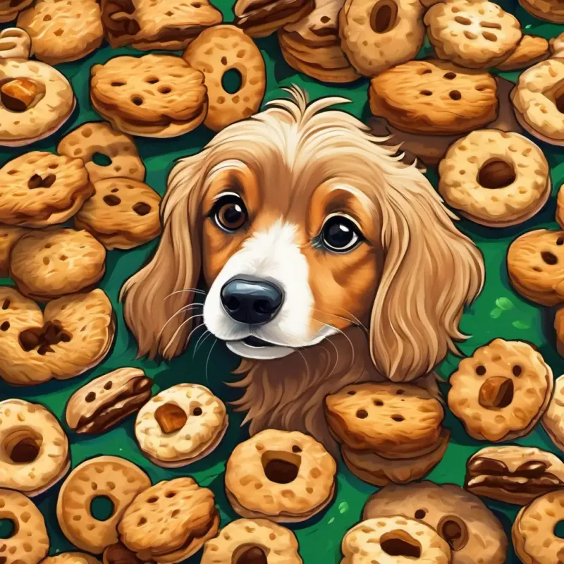 Garoto corajoso, cabelos castanhos, olhos verdes, pele clara e o cachorrinho, agora chamado de Cachorrinho com pelo cor de biscoitos, com pelo cor de biscoitos.