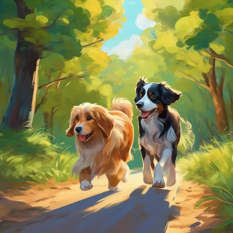 Garoto corajoso, cabelos castanhos, olhos verdes, pele clara e Cachorrinho com pelo cor de biscoitos caminhando juntos pelas ruas da cidade, procurando pela família de Cachorrinho com pelo cor de biscoitos.