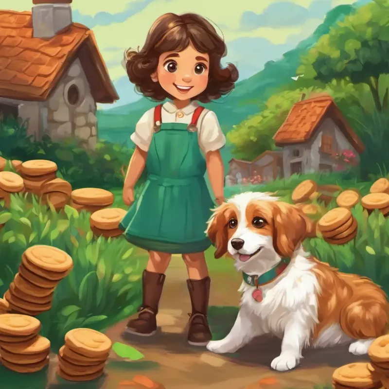 Garoto corajoso, cabelos castanhos, olhos verdes, pele clara e Cachorrinho com pelo cor de biscoitos encontrando uma placa de rua com o nome do cachorrinho, seguindo as pistas e encontrando a família de Cachorrinho com pelo cor de biscoitos, com uma menina feliz.