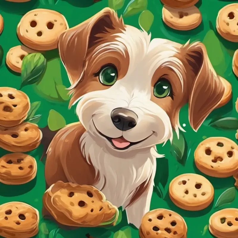 Garoto corajoso, cabelos castanhos, olhos verdes, pele clara recebendo agradecimentos da menina ao encontrar Cachorrinho com pelo cor de biscoitos, sentindo-se feliz e realizado.