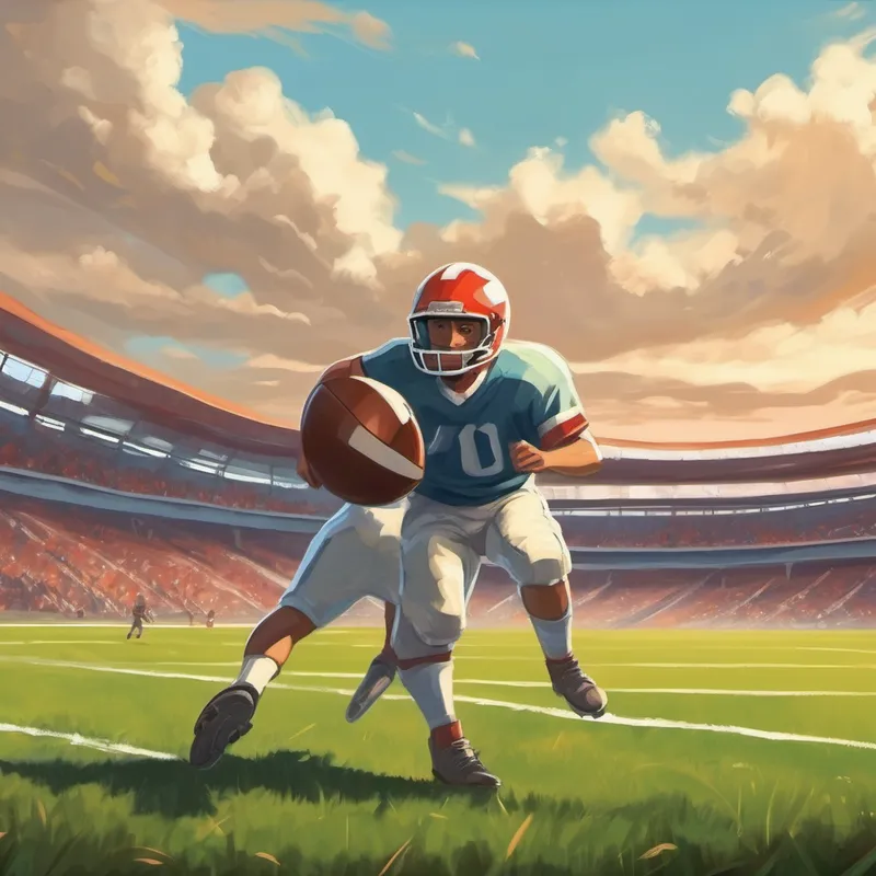 Wearing a football jersey, helmet, and holding a football. with a football practicing on a field