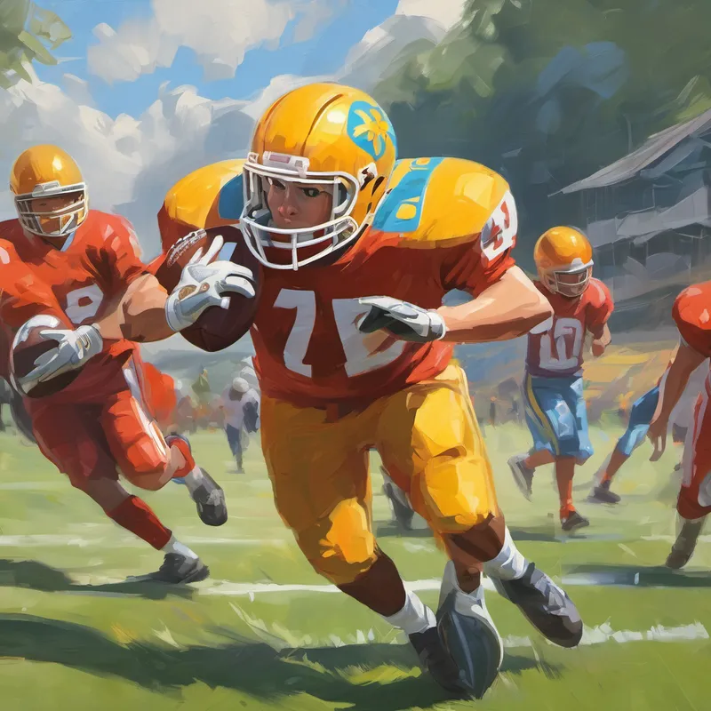 Wearing a football jersey, helmet, and holding a football. determinedly pushing through obstacles
