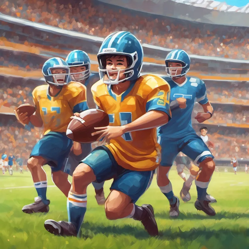 Wearing a football jersey, helmet, and holding a football. celebrating with his teammates after scoring a goal