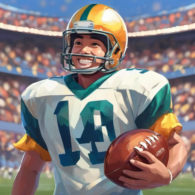 Wearing a football jersey, helmet, and holding a football. with a big smile holding the championship trophy