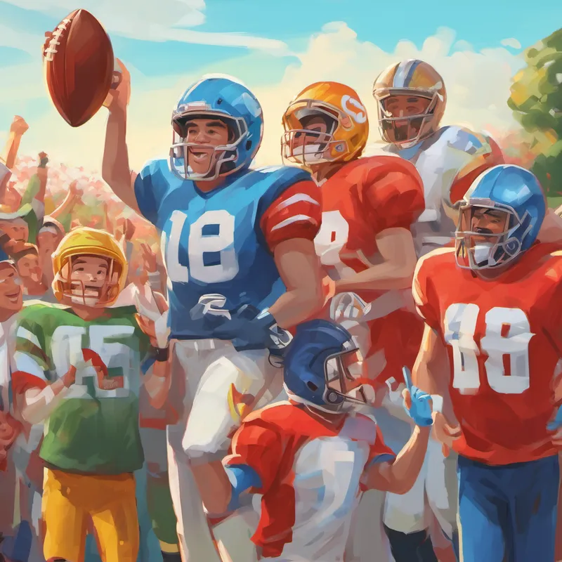 Wearing a football jersey, helmet, and holding a football. with his teammates, coach, and family celebrating