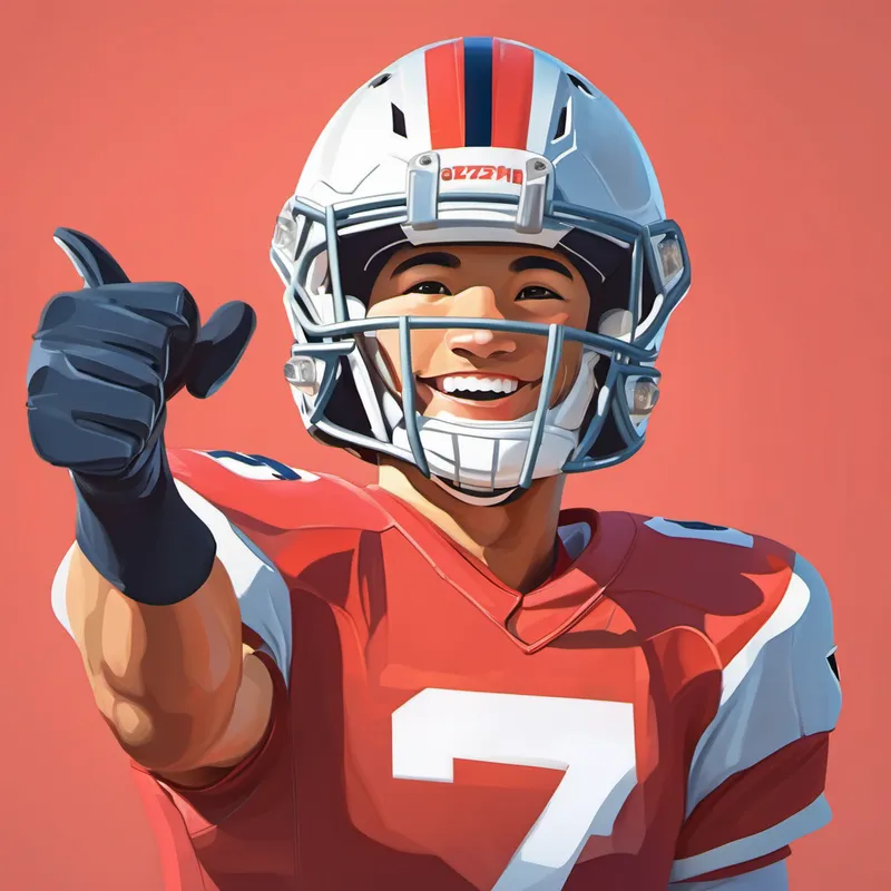Wearing a football jersey, helmet, and holding a football. with a confident pose and a thumbs up