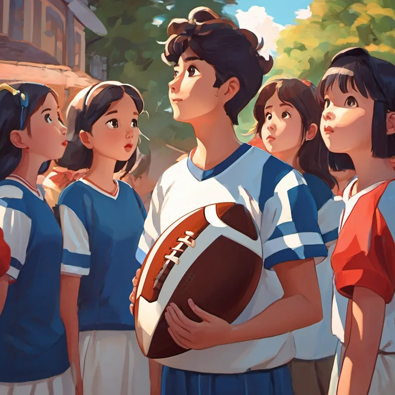 Wearing a football jersey, helmet, and holding a football. surrounded by girls looking up to him