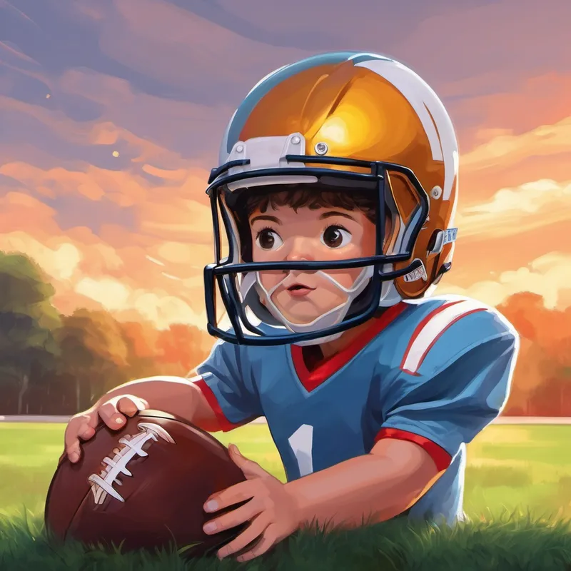 Wearing a football jersey, helmet, and holding a football. with a determined expression and a thought bubble of his dreams