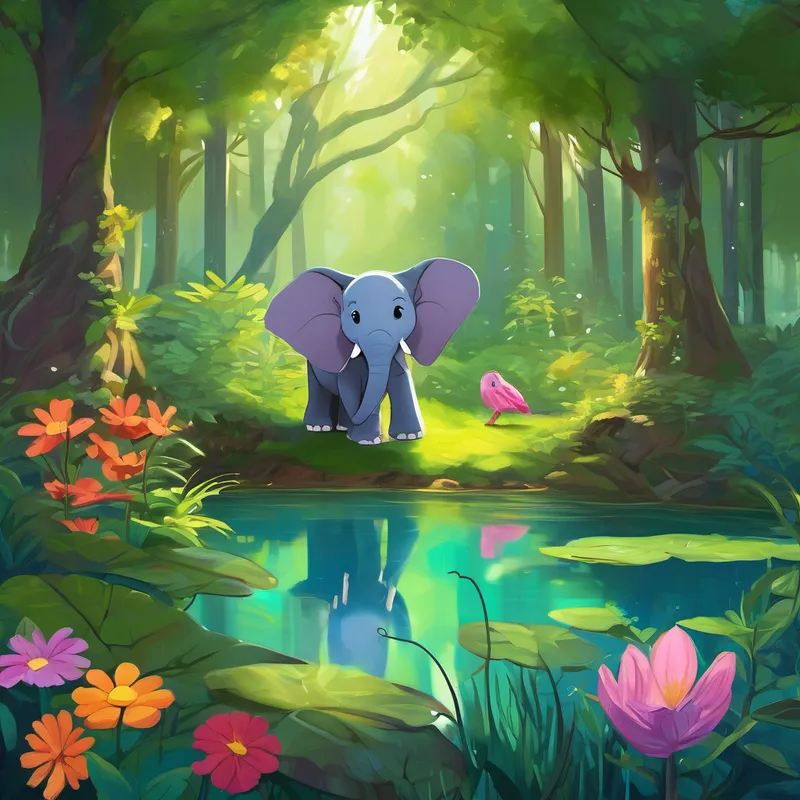 Once upon a time, in a magical forest filled with lush green trees and colorful flowers, there lived a young elephant named Elara. Elara was curious and full of energy, always running and playing with her friends. However, she often found herself feeling overwhelmed by the noisy chatter and constant busyness of the forest. One sunny morning, while Elara was exploring, she stumbled upon a small pond nestled in a quiet corner of the forest. There, basking on a rock, was a wise old turtle named Tully. Tully had a peaceful presence that instantly captivated Elara's attention.