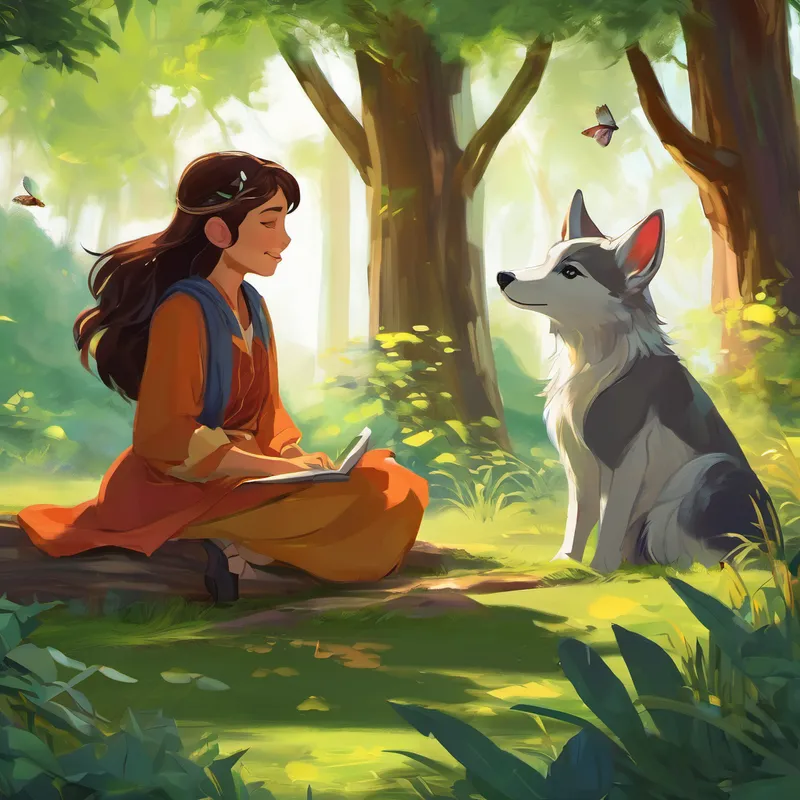 Elara eagerly nodded, excited to discover something new. Tully motioned for Elara to sit beside him on the soft grass, and they closed their eyes together. They began by taking deep breaths, feeling the fresh forest air fill their lungs. Tully guided Elara to pay attention to the sounds around them. They listened to the gentle rustling leaves, the melodic birds singing, and the insects buzzing. Elara realized that being still and listening let her appreciate the harmony of nature.