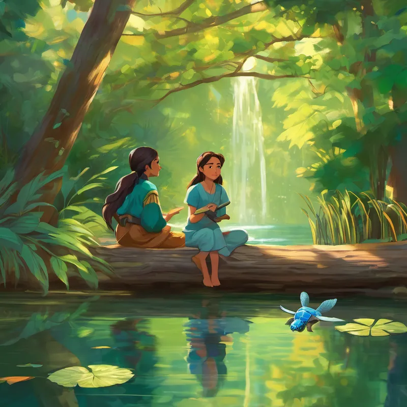 Days turned into weeks, and Elara continued her mindfulness practice with Tully. They would sit by the pond, observing the ripples in the water, or spend hours in silence, sharing their thoughts without words. Elara's once racing mind became calm and focused, allowing her to fully enjoy every moment. One day, when Elara and Tully were basking in the afternoon sun, Elara looked at the wise old turtle and said, "Tully, thank you for teaching me mindfulness. I feel happier and more at peace now. The forest seems even more magical when I am present in the moment."