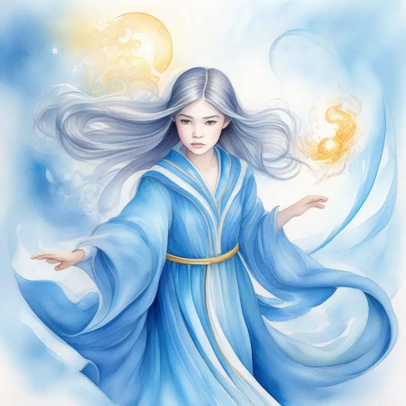 Young girl with magical abilities, dressed in a flowing blue robe, a girl with magical abilities, is faced with a difficult task.