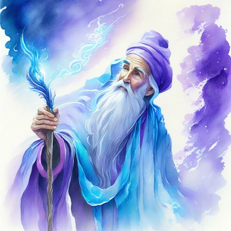 Old wise sorcerer with a long white beard, wearing a purple robe reminds Young girl with magical abilities, dressed in a flowing blue robe of the importance of responsibility.