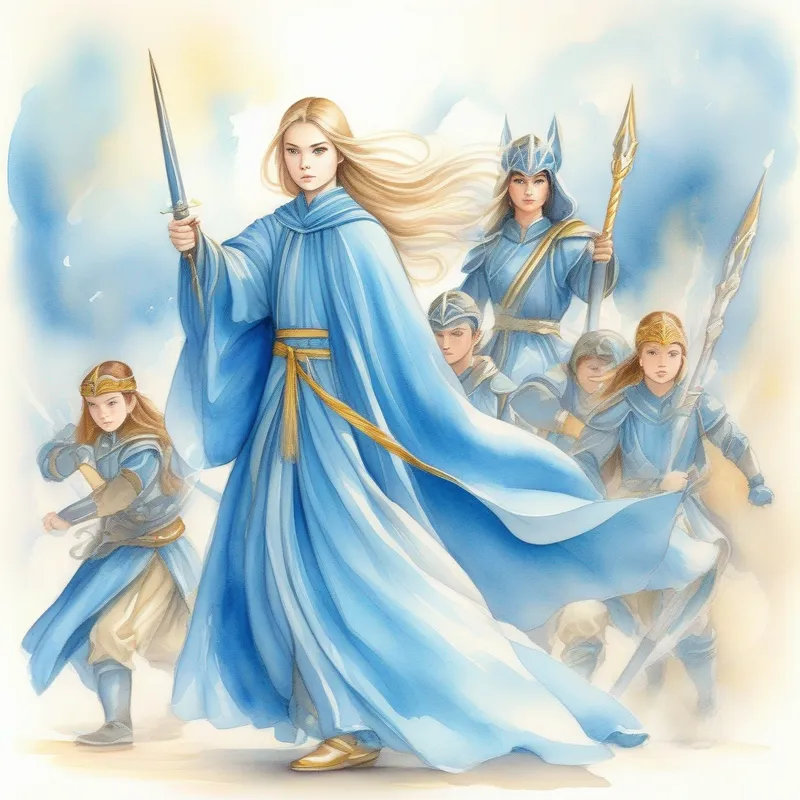 Young girl with magical abilities, dressed in a flowing blue robe prepares for battle and forms a team of warriors.