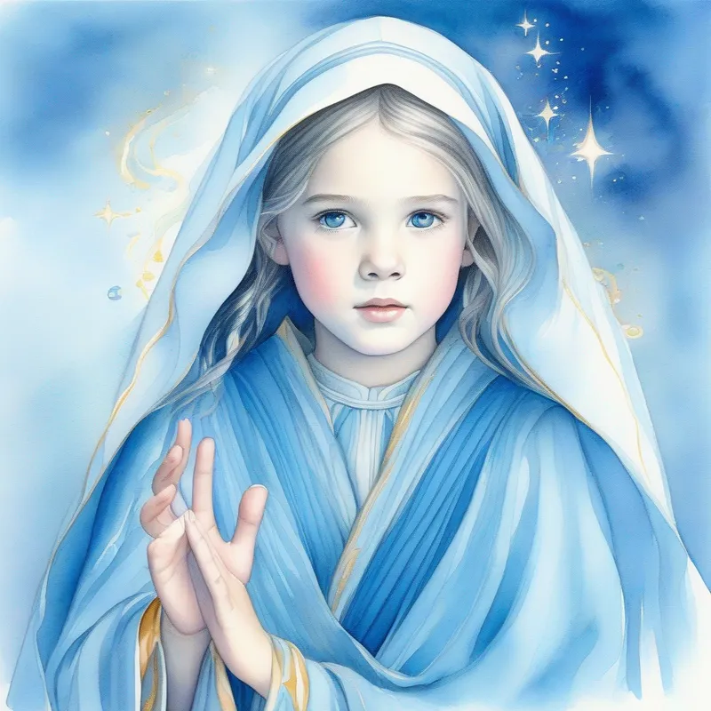 Young girl with magical abilities, dressed in a flowing blue robe realizes the importance of trust and wise decision-making.