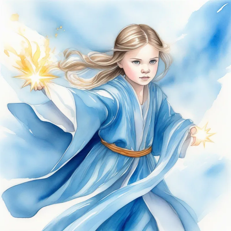 Young girl with magical abilities, dressed in a flowing blue robe demonstrates bravery and responsibility in the final battle.