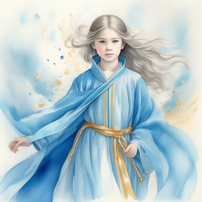 Young girl with magical abilities, dressed in a flowing blue robe's courage and responsibility are celebrated by the kingdom.